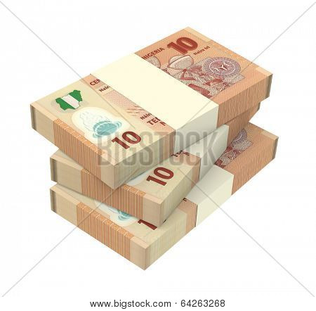 Nigerian nairas isolated on white background. Computer generated 3D photo rendering.