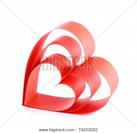 Heart shaped red paper ribbon isolated on white