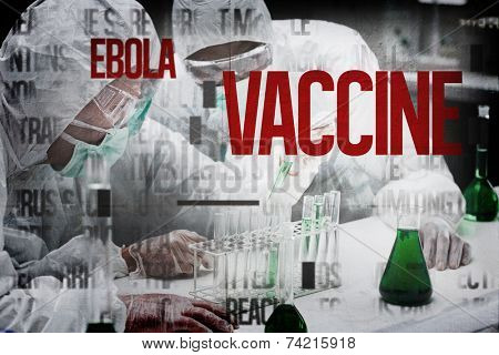 Two chemists experimenting with the green liquid against ebola words