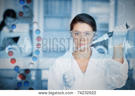 Serious chemist working with large pipette and test tube against dna helix in blue and red with ecg line