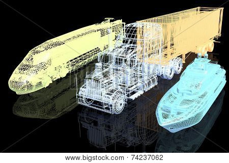Types of transport. 3d model on black background 