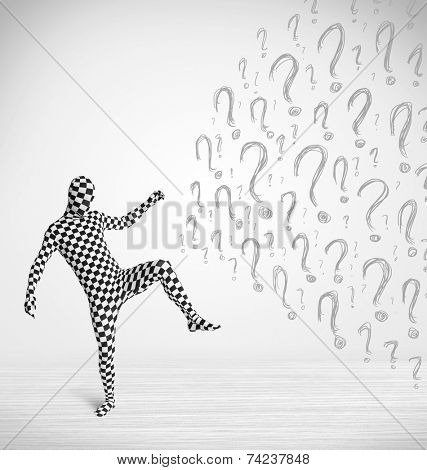 3d human character is body suit morphsuit looking at hand drawn question marks
