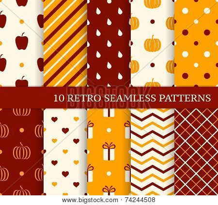 10 Retro Different Seamless Patterns. Autumn Theme.
