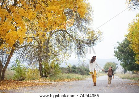 Young mother with her little daughter walking in fall park on yellow fallen leaves one autumn day