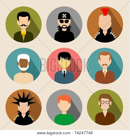 Set Of Circle Flat Icons With Men. Vector Illustration