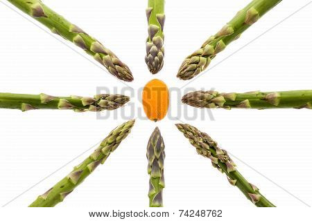 Eight Asparagus Spears Aiming At One Kumquat