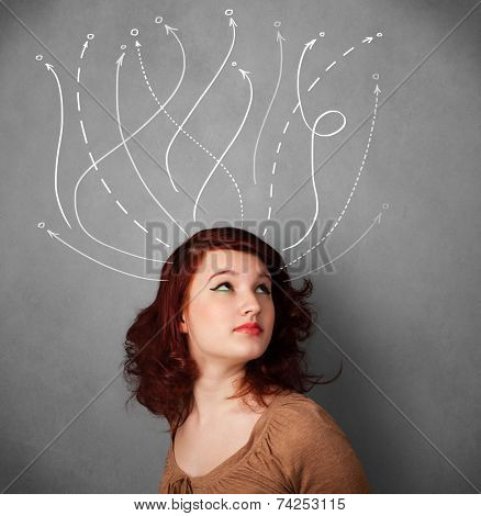 Pretty young woman thinking with arrows in different directions above her head