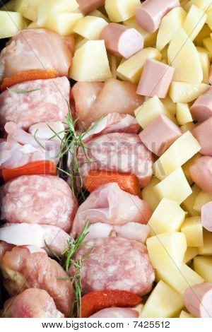 Pánev s Kebab, Wurstel a brambory
