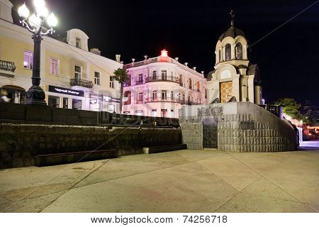 Chapel On Quay In Yalta City In Night