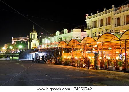 Cafe On Promenade In Yalta City In Night