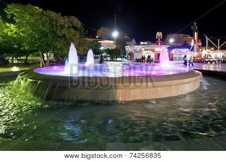 Fountain On Seafront Of Yalta City In Night
