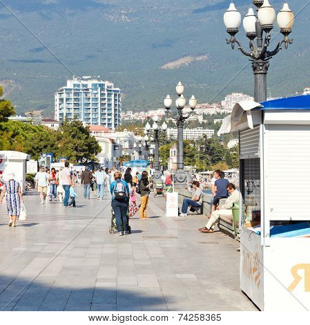 People Walking On Promenade In Yalta City