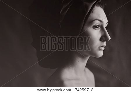 Portrait girl with scarf on head