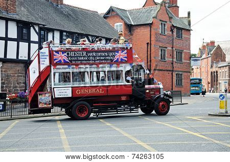 Old fashioned tour bus, Chester.