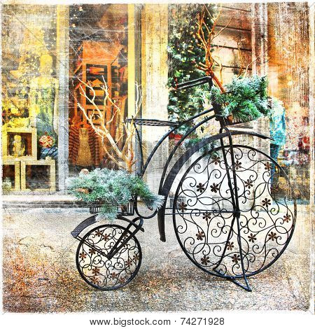 vintage bike , christmas decoration in street, retro styled pictu
