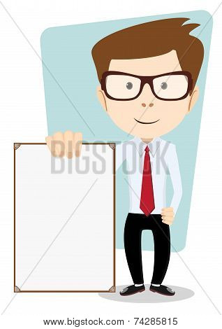 Cartoon Business man explaining and pointing at blank white board, placard.. Stock Vector  Illustrat