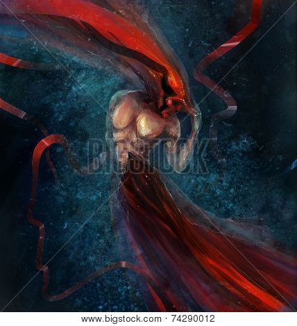 Abstract fantasy monster creature with red stripes in water illustration.