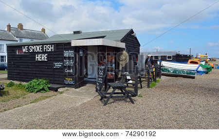 Hut selling fresh fish on Aldeburgh beach.