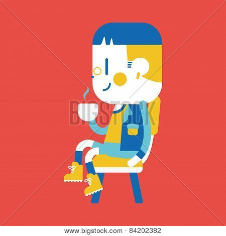 Character Illustration Design. Boy Drinking Coffee Cartoon,eps
