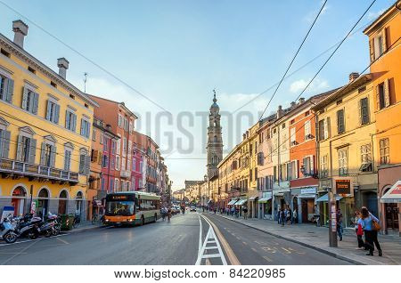 Main Street With Shops And People In Parma, Italy