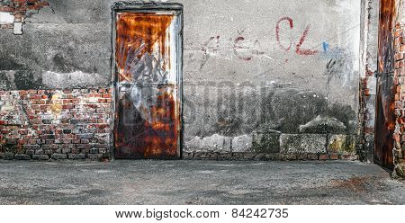 Old Cracked Or Grungy Room - Basement At Background. Ruined Blank Floor With Door