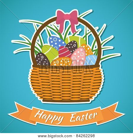 Happy Easter Card. Basket With Easter Eggs. Easter Elements