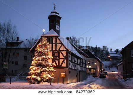 Town Hall And Christmas Tree At Night