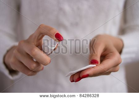 Hands, Spray And Cotton Pad