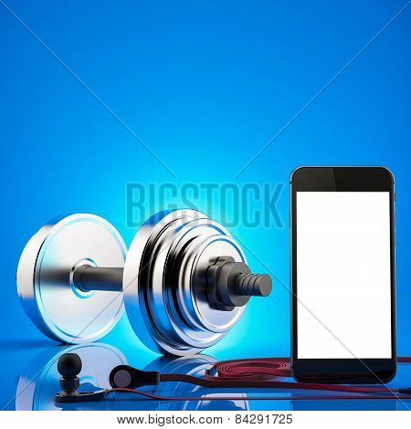 Fitness Exercise Equipment Dumbbell Weights On Blue Background.
