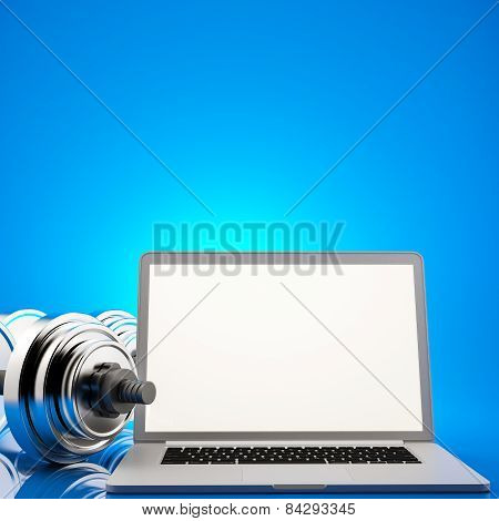 Fitness Exercise Equipment Dumbbell Weights  And Notebook On Blue Background.