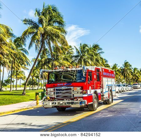 Fire Brigade On Duty In South Beach In Miami