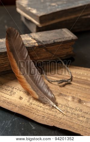 Ancient Treatise With Bird Feather