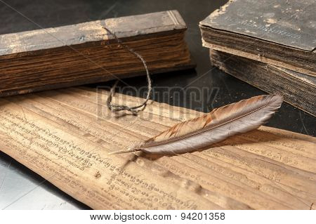 Ancient Treatise With Bird Feather