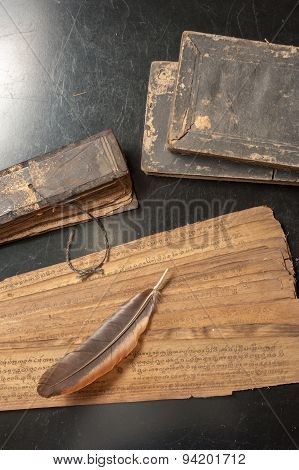 Ancient Treatise With Bird Feather