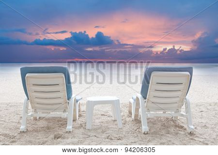 Couples Of Beach Chairs On White Sand Beach In Destination Sea Side