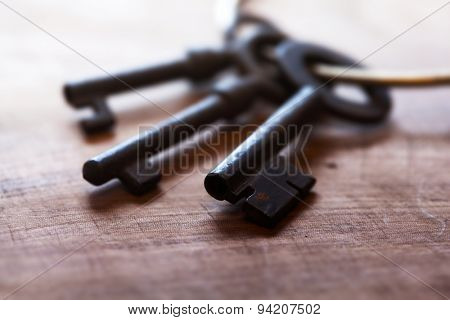 Old keys on ring, Shallow depth of field.