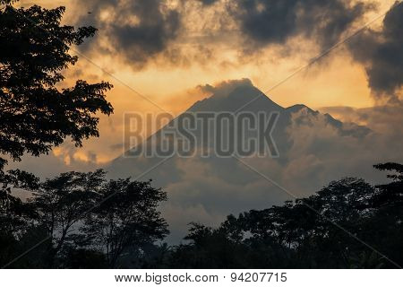 Mountain Sumbing volcano, Java, Indonesia. Sunset view with clouds.