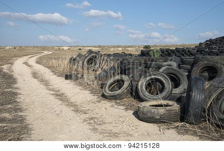 Used Tires In A  Recycling Yard