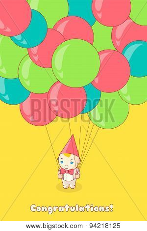 Young man holding a lot of colorful balloons