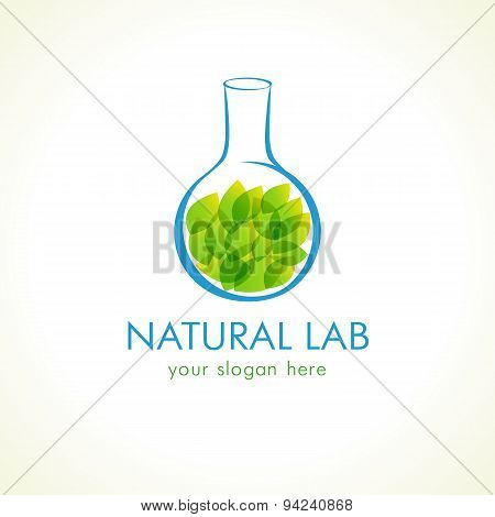 Natural lab logo. Green leaves in testing flask. Vector branding sign of tests, cosmetics, chemist's. Scientific environmental researches. Healthy life and products symbol. Pharmaceutical companies.