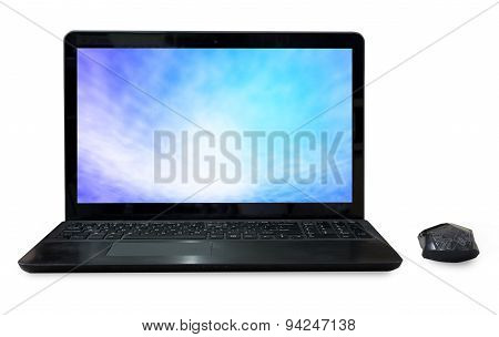 Black Labtop With Mouse Bluetooth And Sky Screen  Isolated White Background.