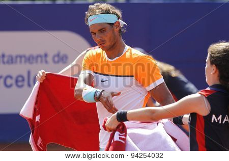 BARCELONA - APRIL, 23: Spanish tennis player Rafa Nadal in action during a match of Barcelona tennis tournament Conde de Godo on April 23 2015 in Barcelona