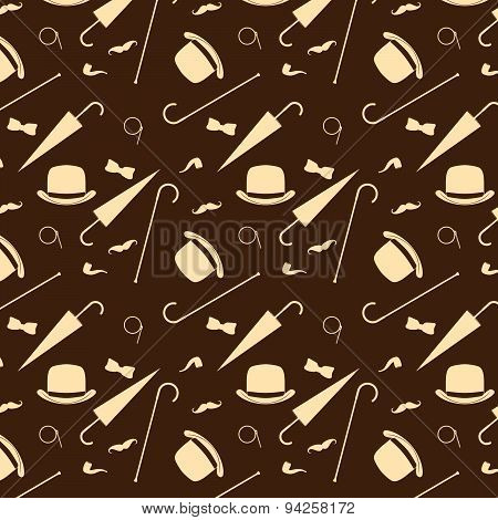 Retro Gentleman Elements - Bowler, Moustache, Tobacco Pipe Monocle, Cane And Umbrella Seamless Patte