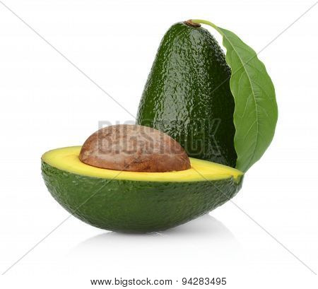 Studio Shot Of Avocado With Leaf And Pit Core Isolated