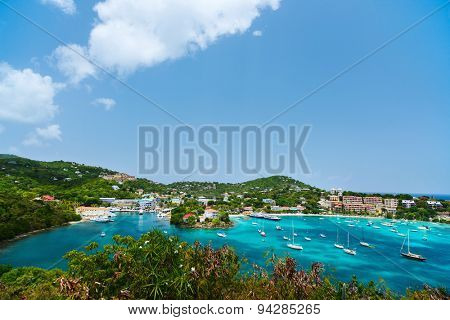 Panorama of Cruz Bay the main town on the island of St. John USVI, Caribbean