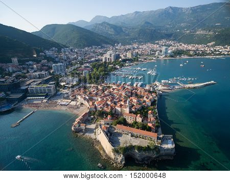 Aerial View of Old Budva. Montenegro, Balkans, Europe. Budva - One of the Most Popular Resorts of Adriatic Riviera of the Mediterranean.