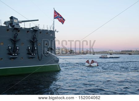 Saint Petersburg Russia September 08 2016: Forecastle gun of the cruiser Aurora in Saint-Petersburg Russia