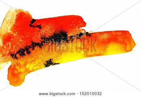 Bright abstract watercolor art hand drawn isolated on white background. Orange yellow black watercolor spot. Orange formless watercolor stain isolated over the white background