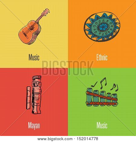 Mexico national symbols. Classic guitar, ethnic ornament, Mayan monument, folk flute colored hand drawn doodles vector icons. Mexican travel concept. Mexican art. Travel to Mexico concept. Discover Mexico. Flyer of Mexico for travel agency or travel ad.