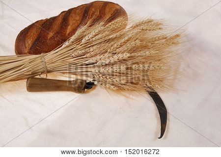 bunch of mown wheat ears with vintage handmade reaper hook sickle and rye dark white french fresh bread loaf on light linen tablecloth